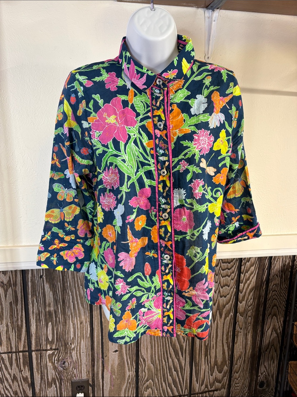 Button-Down Shirt with Hummingbird, ladybug, floral, dragonfly print